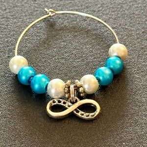 Wine glass tag, stainless steel hoop, blue/white beads, infinity charm